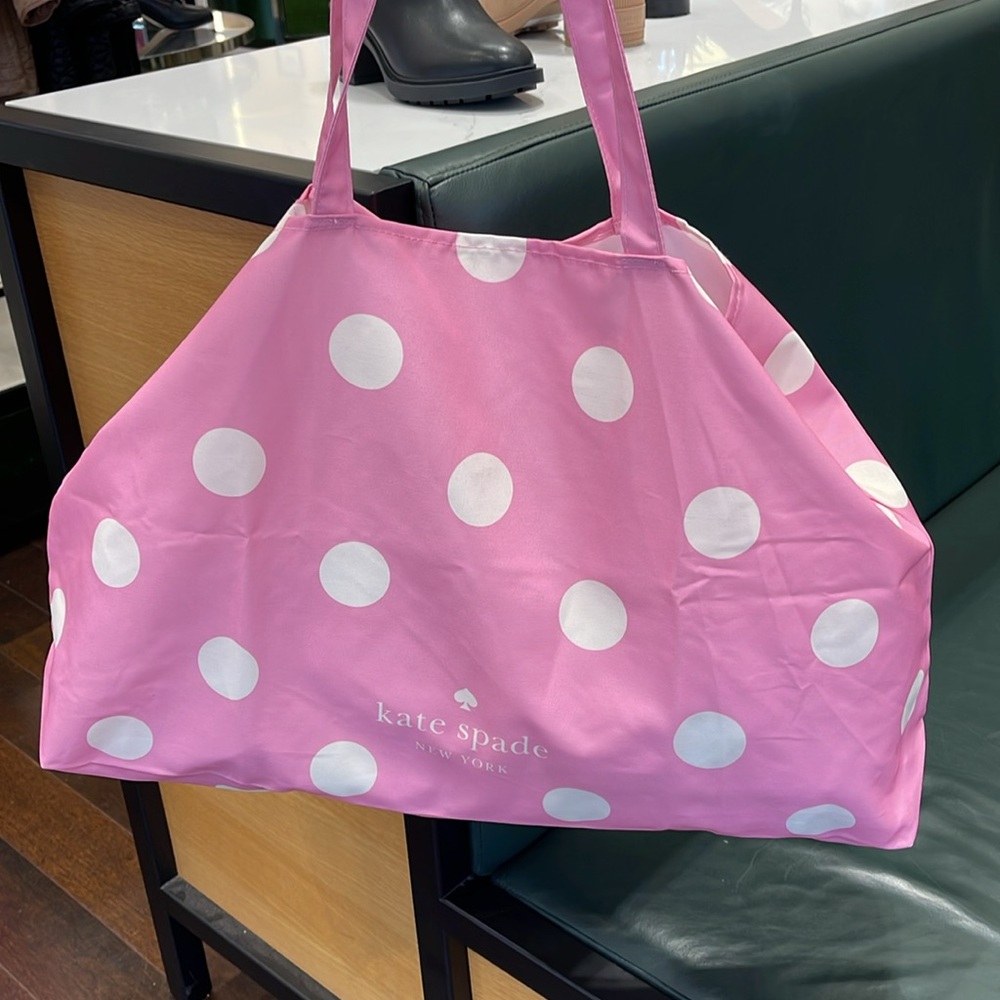 Kate Spade Soft Pink-White Polka Dots Canvas Tote XL Reusable Shopping Beach Bag - Picture 6 of 16